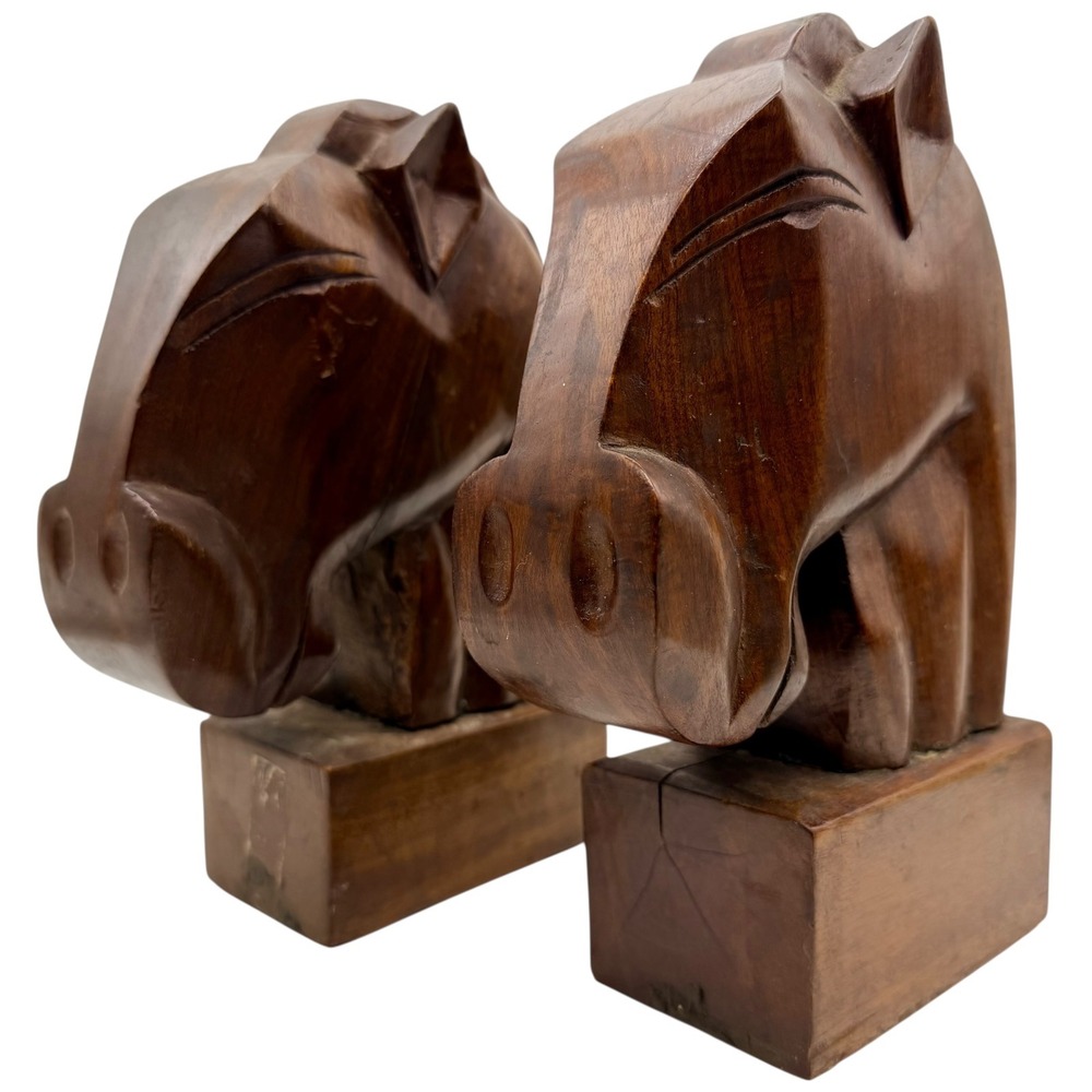 Vintage Hand Carved Wooden Horse Head Bookends Mid Century Modern Dark Wood Pair